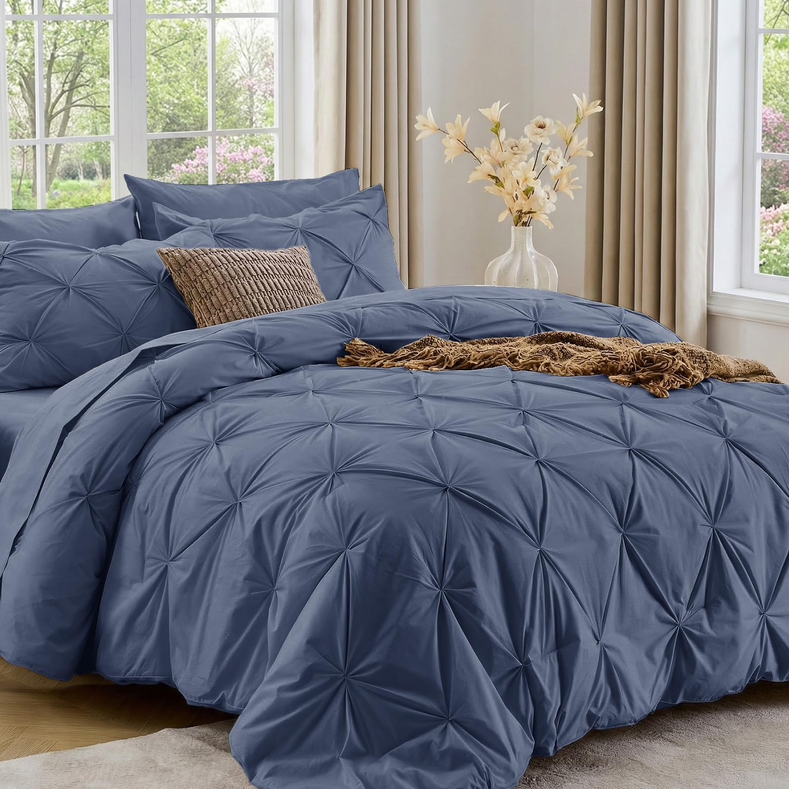 Sasttie Twin XL Comforter Set, 5-Piece Bed in a Bag, Pintuck Bedding Sets for All Season, Includes Comforter, Flat Sheet, Fitted Sheet, Pillowcase and Pillowsham, Beige