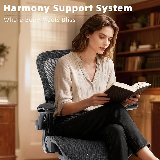 Office Chair, Ergonomic Desk Chair with Adjustable High Back 2D Lumbar Support Flip-up Armrests, Executive Breathable Mesh Comfy Swivel Rolling Computer Task Chair for Home Office Study Work Gaming
