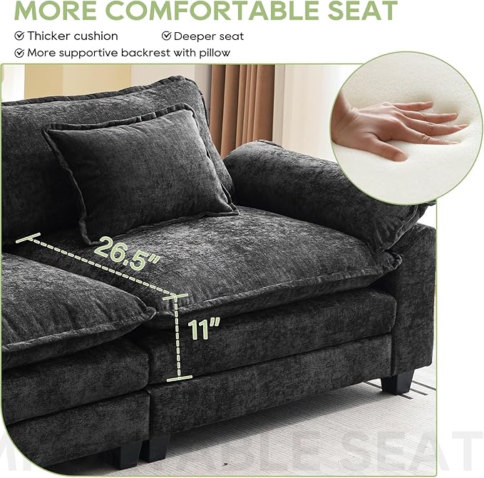 53" Modular Sectional Sofa, Comfy Cloud Couch Sectional Sofa with Ottoman, Chenille Sofa Sleeper Deep Seat Sofa with Throw Pillows for Living Room (Black)