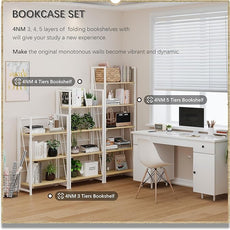 4NM No Assembly Folding Bookshelf Storage Shelves 3 Tiers Vintage Bookcase Standing Racks Study Organizer Home Office (Natural White)