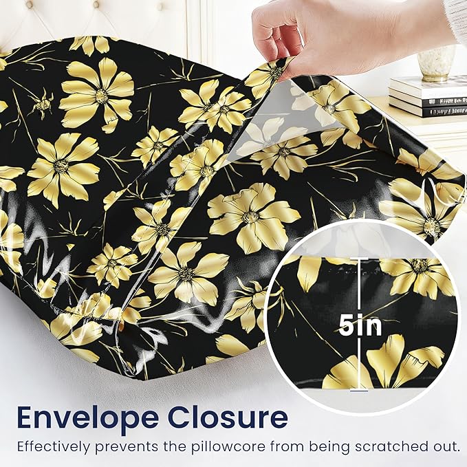 EXQ Home Satin Pillowcase for Hair and Skin Queen - Printed Golden Flowers Silk Pillow Cases 2 Pack 20x30 inches - Satin Pillow Cases Set of 2 with Envelope Closure, Gifts for Women Men