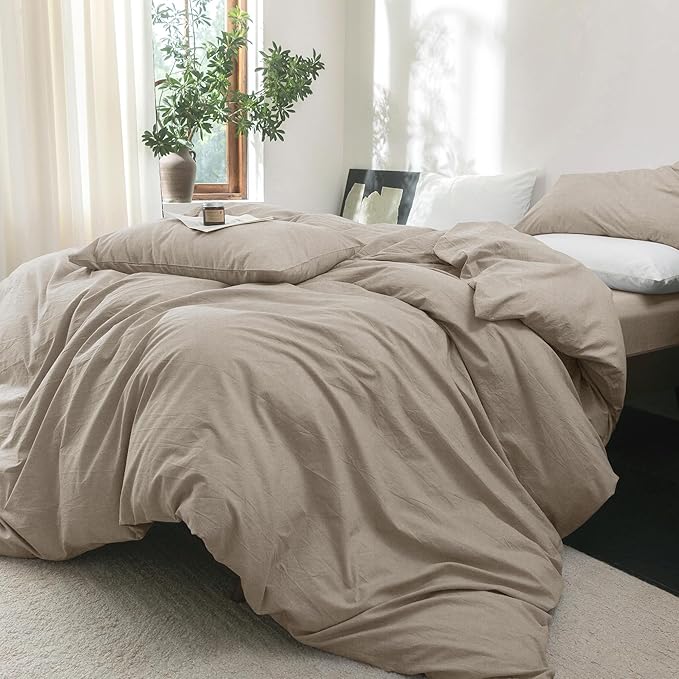 FOSSA Duvet Cover Set 100% Washed Cotton Linen Feel Super Soft Breathable Cozy 3 Pieces Bedding Sets Solid Tannish Linen Grey King
