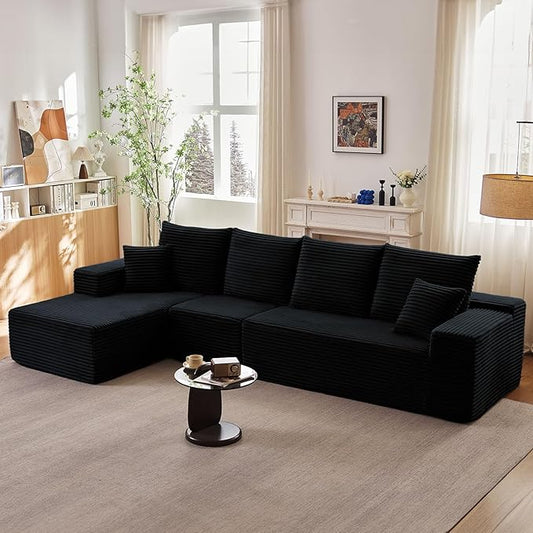 135" Modular Sectional Couches for Living Room, Comfy Boneless L Shaped Cloud Couch with Chaise Lounge, Modern Cozy Corduroy Deep Seat Floor Sofa, Memory Foam, No Assembly Required, Black
