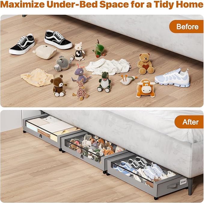 Under Bed Storage with Wheels,XXL 60L Under Bed Storage Containers with Clear Lids, Under-Bed Organizers for Clothes, Shoes – Durable Storage Bins with Smooth Rolling Wheels (Gray, 4 Pack)