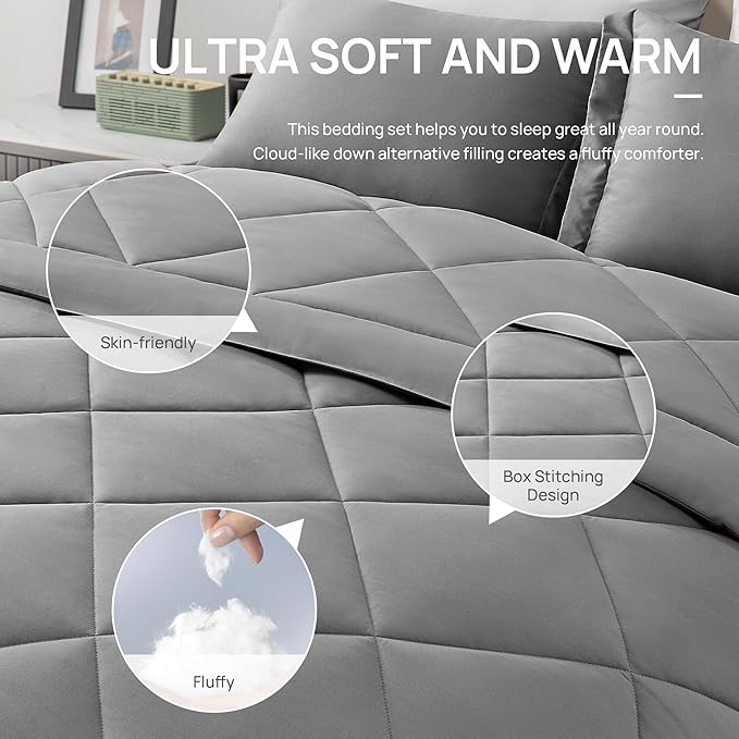 Love's cabin Full Comforter Set Grey, 7 Pieces Full Bed in a Bag, All Season Bedding Sets with 1 Comforter, 1 Flat Sheet, 1 Fitted Sheet, 2 Pillowcase and 2 Pillow Sham