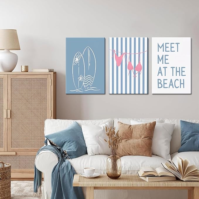 Trendy Coastal Beach Canvas Wall Art Set of 3, Blue Preppy Bikini Surfing Wall Decor Paintings, Summer Shells Meet Me at the Beach Posters Prints Pictures for Girly Dorm Bathroom 12x16 Inch Framed
