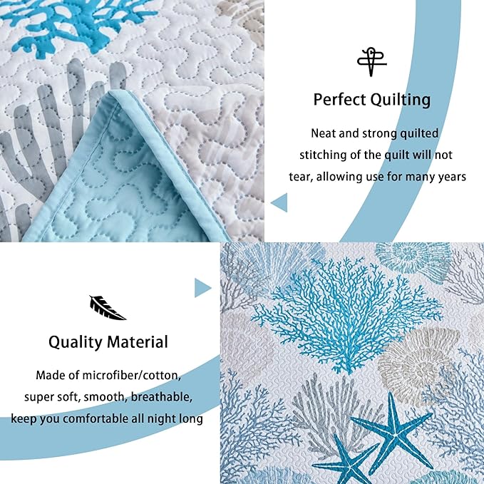 Tritard 3 Piece Coastal Quilt Sets King Size - Reversible Microfiber Quilts with 2 Shams Soft Lightweight Beach Bedding Nautical Bedspread Coverlet Summer Comforter Set for All Season, 106''x96''