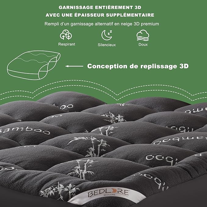 BEDLORE Full Size Mattress Topper Viscose Derived from Bamboo, Thick Pillow Top Mattress Pad with Stretchable Pockets for 6"-15" Mattress, Breathable Mattress Topper for Back Pain Relief(Dark Gray)