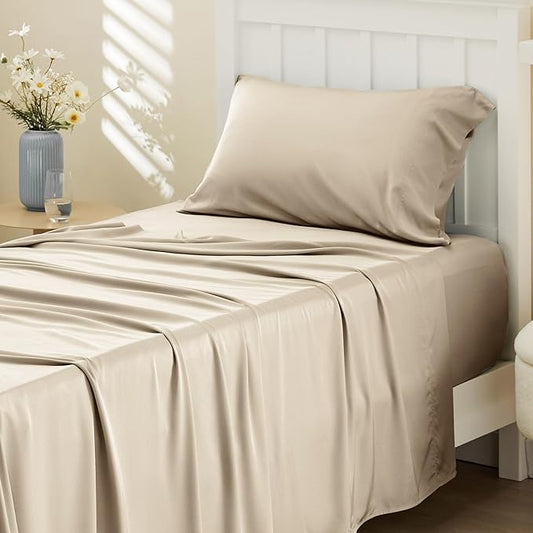Bedsure Cooling Sheets Twin, Rayon Derived from Bamboo, Cooling Sheets, Breathable & Soft, Deep Pocket Up to 16 Inches, Hotel Luxury Silky Bedding for Hot Sleepers, Beige