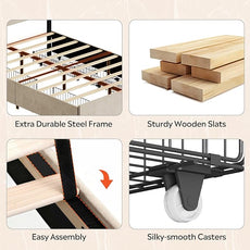 WLIVE Queen Size Upholstered Bed Frame with 4 Storage Drawers and Headboard, Velvet Platform Bedframe, Sturdy Metal & Wooden Slats Support, No Box Spring Needed, Easy Assembly, Beige