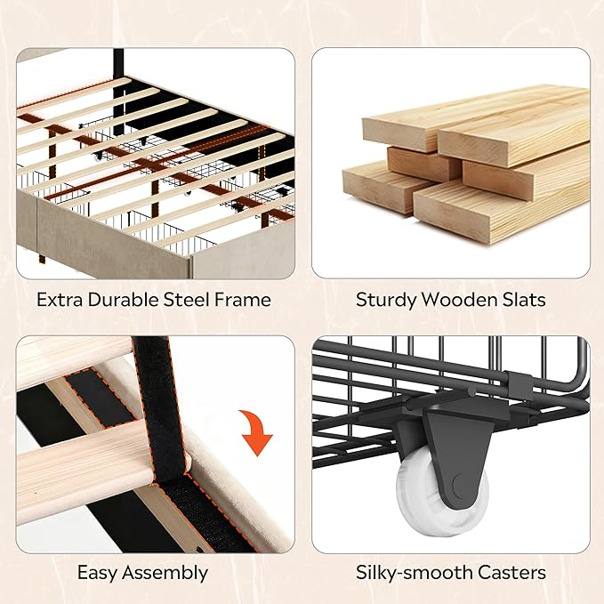 WLIVE Queen Size Upholstered Bed Frame with 4 Storage Drawers and Headboard, Velvet Platform Bedframe, Sturdy Metal & Wooden Slats Support, No Box Spring Needed, Easy Assembly, Beige