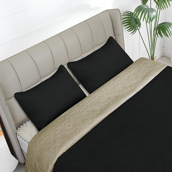 Easy-Going Full/Queen Size Reversible Quilt Set with 1 Quilt and 2 Pillow Shams, Soft Bed Quilt Cover, Water Resistant Lightweight Microfiber Bedspread, Stain Resistant, Damask-Black/Beige