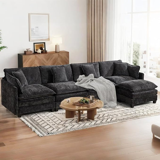SoarFlash 149.61" Chenille Sectional Sofa, Comfy L Shaped Modular Coush Sofa with Ottoman, Modern 4 Seat Couch Deep Seat Sofa Set for Living Room,Black