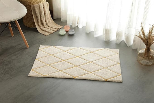 Organic Cotton Bathroom Rug, Luxury Non Slip Ultra Soft & Water Absorbent Bath Mat, Diamonds Design Premium Rug, Perfect for Tub & Shower, Toilet Floors, Door Mat (36"x24", Ivory & Yellow Ochre)