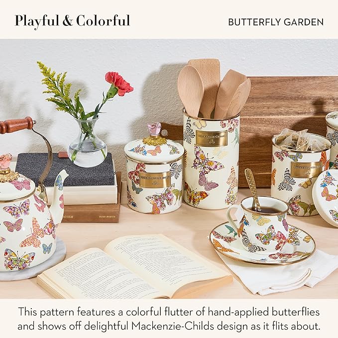 MACKENZIE-CHILDS Enamel Utensil Holder, Kitchen Utensil Holder for Countertop, Storage Caddy, Butterfly Garden