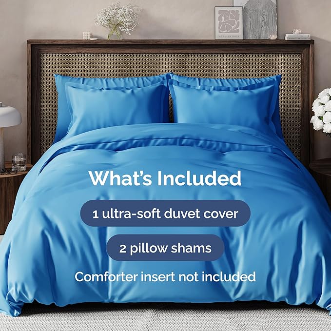Duvet Cover Queen Size Set - Extra Soft Queen Size Duvet Cover 90 x 90 with 2 Pillow Shams - Hotel Luxury Easy Care and Fade Free w/Zipper Closures & Ties - Comfy Breathable Bedding Set (Royal Blue)