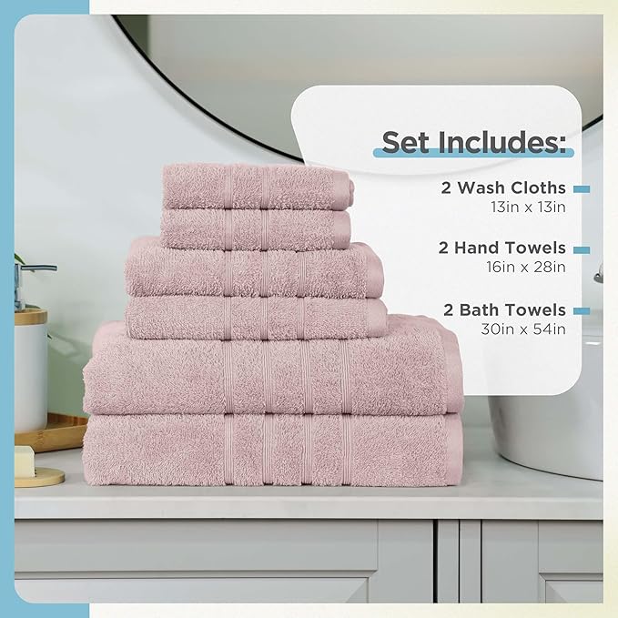 Martex 6-Piece Towel Set – Ultimate Performance – 100% Cotton – 2 Bath Towels – 2 Hand Towels – 2 Wash Cloths – Versatile – Low-Linting – Supersoft & Absorbent Bathroom Set – Easy Care – Crystal Pink