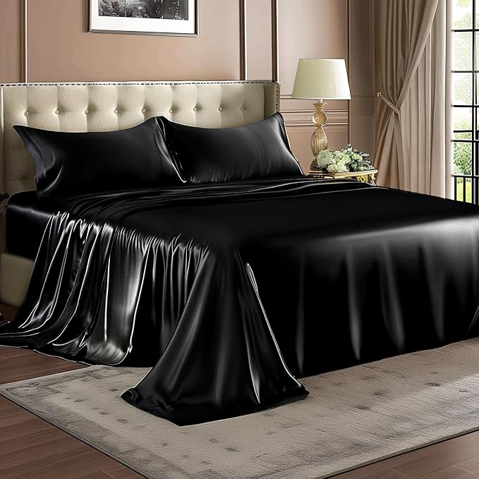 BEDELITE Satin Sheets Twin XL Size Bed Set, Luxury Soft Black Silky Sheets for Hair and Skin, Similar to Silk Bed Sheets Set 3 Pieces with 1 Deep Pocket Fitted Sheet, 1 Flat Sheet, and 1 Pillowcase