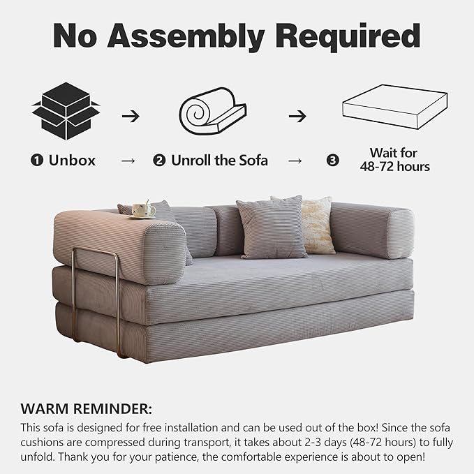 78.8" Convertible Sofa Bed - Compression Sofa with Corduroy Fabric - with Armrests and Backrest - Modular Sectional for Living Room, Bedroom, Studio - Compression Sofa in Box (Grey)