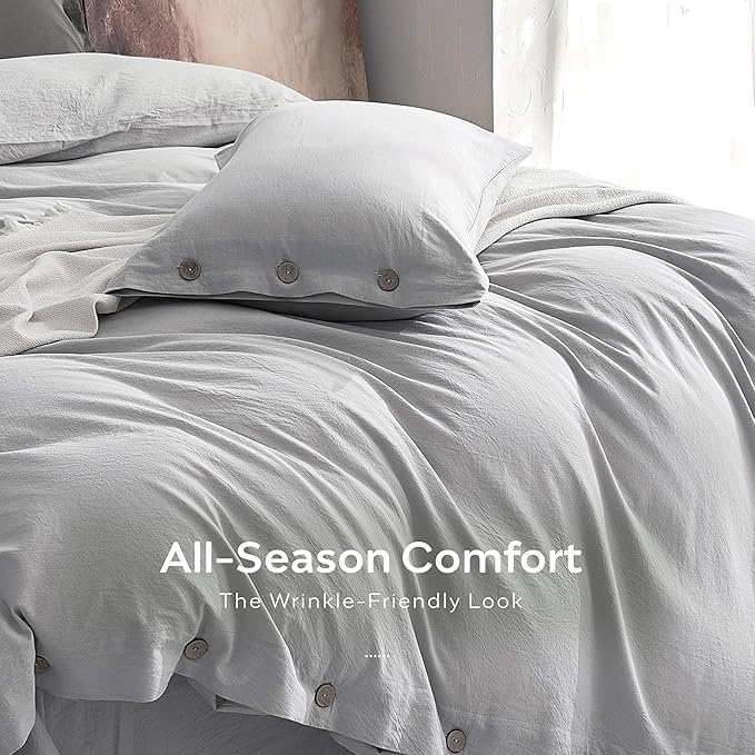 JELLYMONI 100% Washed Cotton Duvet Cover Queen – Soft, Breathable Linen-Look Bedding with Natural Wrinkle Texture, Button Closure, 3-Piece Set (Pale Grey, 90"x90")