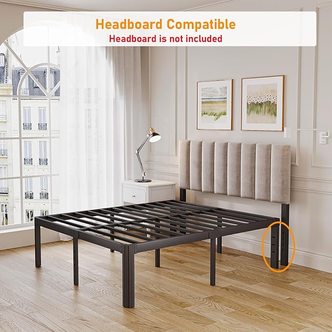 Askeld Bed Frame King, 16 Inch High Metal Platform Bed with Round Corner Leg, No Box Spring Needed, Heavy Duty Noise-Free Bed Base, Easy Assembly, Black