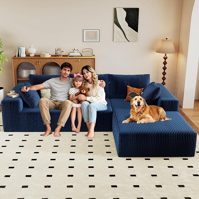 96" Modular Sectional Couch, Boneless L Shaped Cloud Sofa with Chaise Lounge, Corduroy Upholstered Couches Memory Foam Deep Seat, No Assembly Required, Ideal for Living Room(Blue, Right Facing)