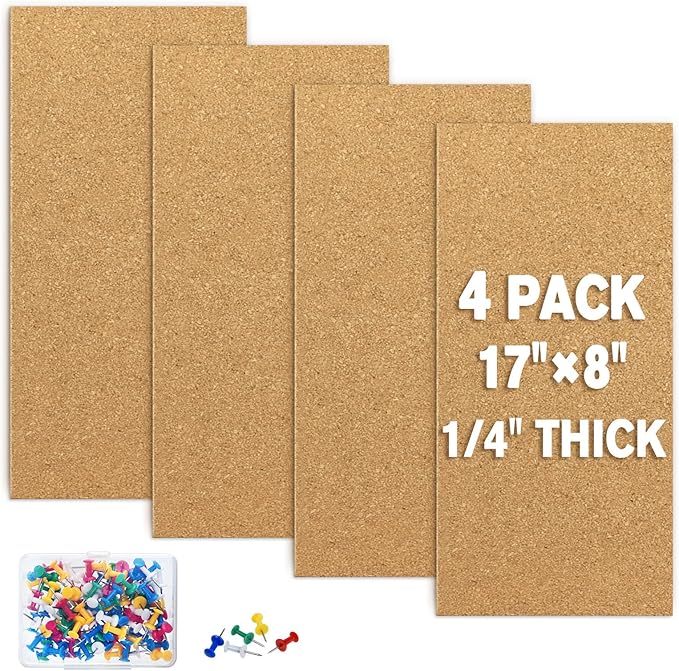 TUPARKA 4 Pack Cork Board Bulletin Boards 17"x8" - 1/4" Self-Adhesive Corkboards for Wall with 100 Push Pins, Square Cork Tiles for Home, School, Office Decorative