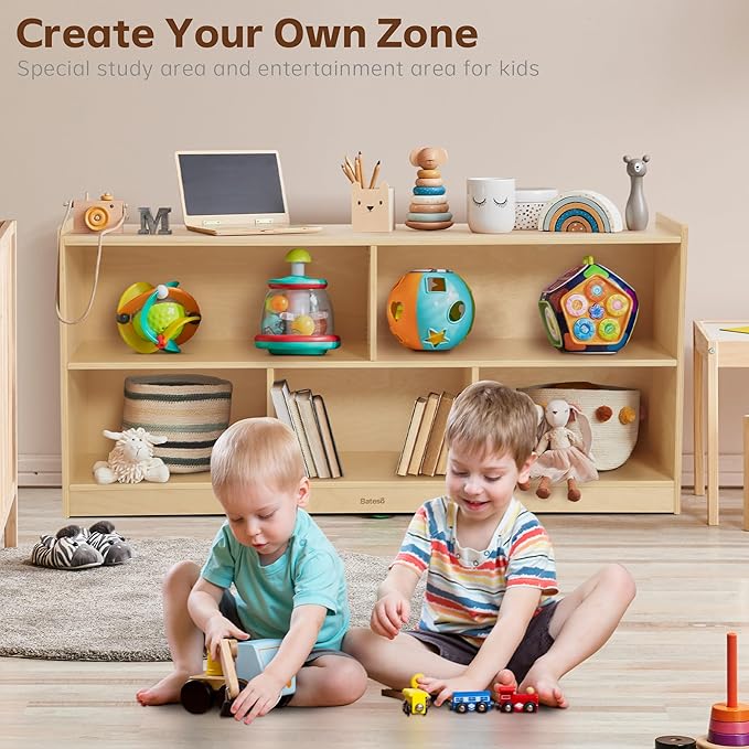 Toy Storage Organizer for Kids Room, Wooden Kids Bookshelf for Classroom, Cube Storage Organizer for Playroom, 5-Section Montessori Bookshelf & Toy Shelf for Nursery