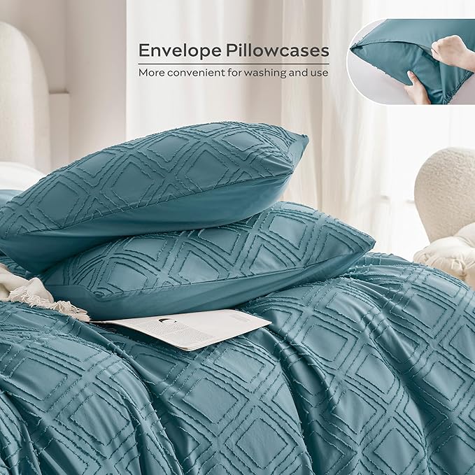 JELLYMONI Duvet Cover Twin Size Grayish Blue - 3PCS Boho Duvet Cover Set Plaid Polyester Tufted Bohemian Jacquard Knit Textured Comforter Cover 68×90in Rhombic Geometric Pattern Corner Ties & Zipper