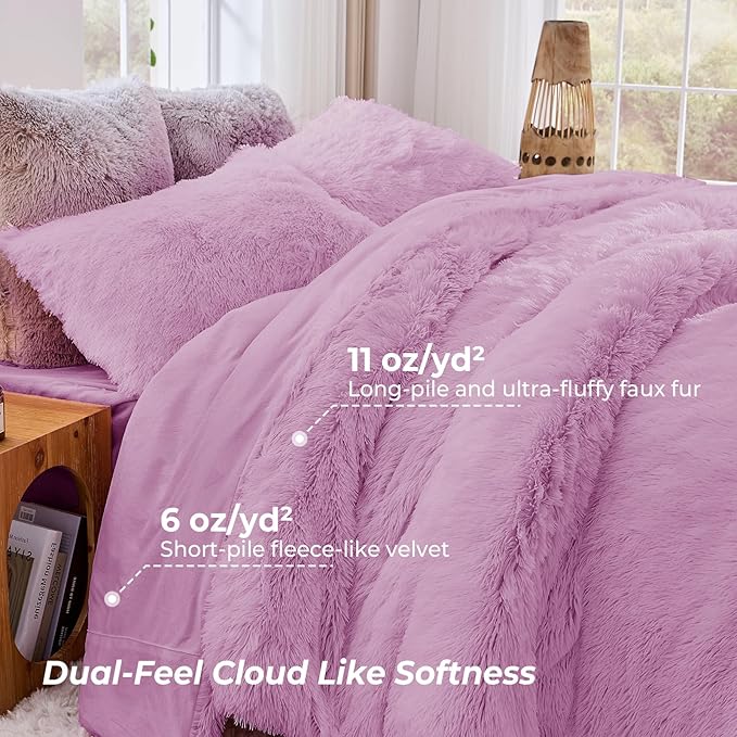 Sasttie 3-Piece Fluffy Duvet Cover King, Ultra Soft Faux Fur and Velvet Light Purple Comforter Cover, Luxury Fuzzy Bedding Sets for Winter Bed, Includes 1 Duvet Cover and 2 Pillowcases, No Comforter
