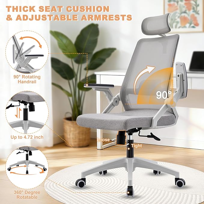 Ergonomic Mesh Office Chair with Dynamic Lumbar Support & Adjustable Headrest, Home Office Desk Chair with 90° Swivel Flip-Up Arms, Grey - Tilt Lock, Height Adjustable, 350 lbs Capacity