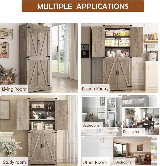 71" Tall Kitchen Pantry,Farmhouse Storage Cabinet with Adjustable Shelves,Load-Bearing Steel Pipe,Farmhouse Pantry Cabinet with 4 Barn Doors,for Kitchen,Dining Room,Living Room(Light Rustic Oak)