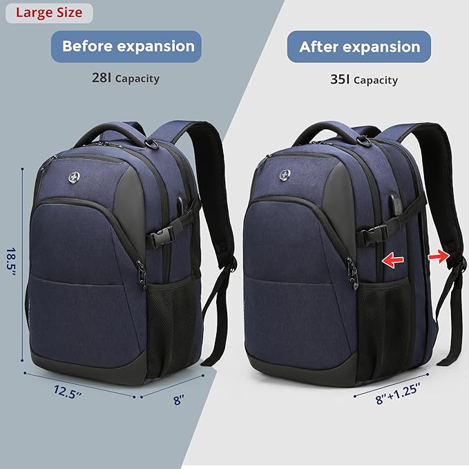 Swissdigital Design Travel Laptop Backpack for Men and Women, 35L Expandable Large Business Backpack with USB Charging Port for Fits 17 Inch Notebook, Blue | SD1671-12