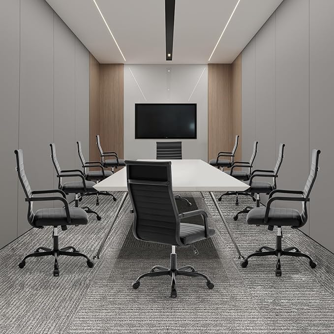 Office Chair, Ergonomic Executive Conference Room Chairs, Ribbed Leather Desk Chair with Lumbar Support, Adjustable Height Mid-Back Swivel Chair with Padded Seat and Square Tube Armrests
