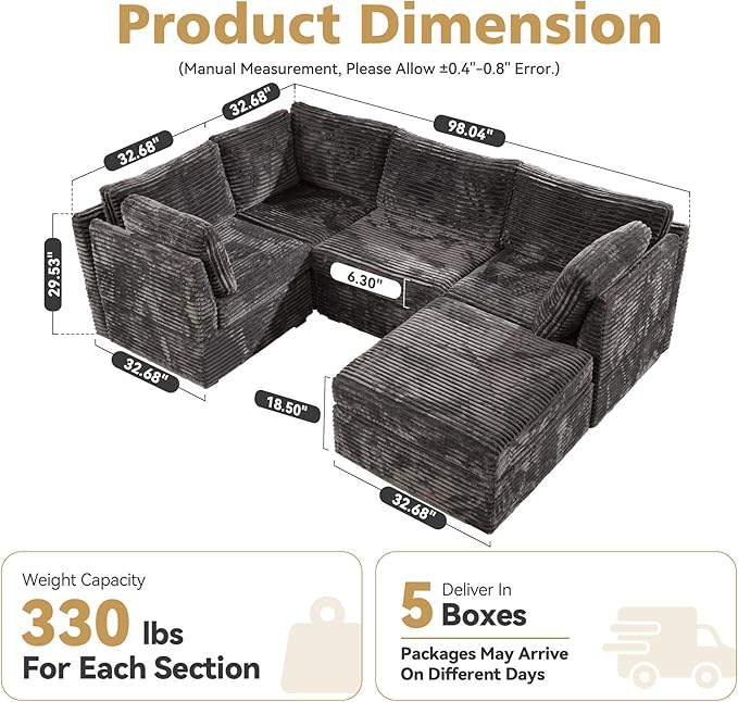 Modular Sectional Sofa,5 Pieces Sectional Couches for Living Room,131X65 L Shaped Cloud Couch with Ottoman Chaise Set