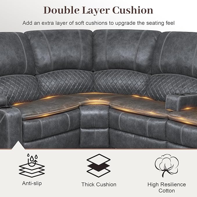 Home Theater Seating Reclining Sectional Sofa, 5 Seats Soft Dutch Velvet Recliner Corner Sectional Couch, Recliner Couch with USB Charging, Thickened Padding, Sturdy Frame, Grey