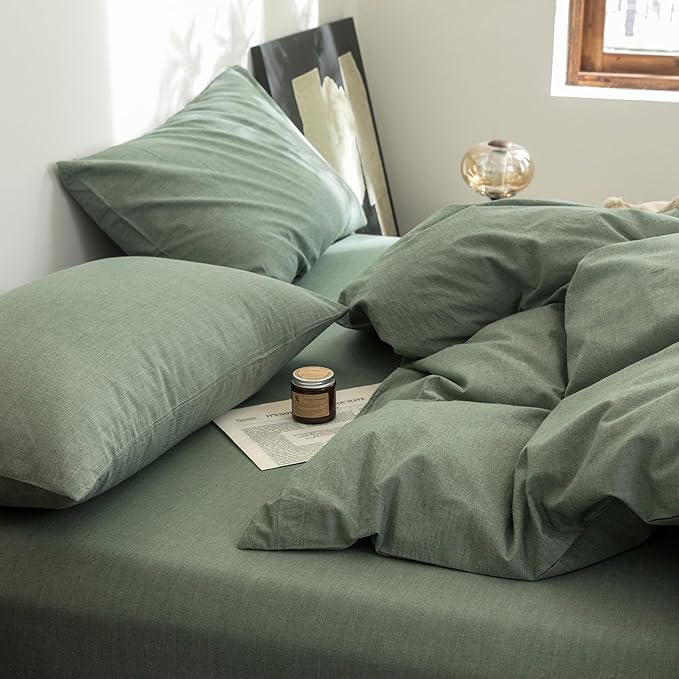 FOSSA Duvet Cover Set 100% Washed Cotton Linen Feel Super Soft Breathable Cozy Simple Style 3 Pieces Bedding Sets Solid Heathered Green Full/Double