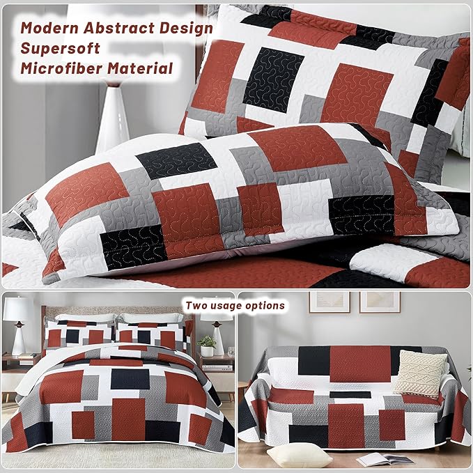 3 Piece Burnt Orange Grey Quilt Set California King Size Black White Geometric Reversible Bedding Set Microfiber Lightweight Bedspread Coverlet with 2 Shams Bed Cover for All Season, 118''x106''