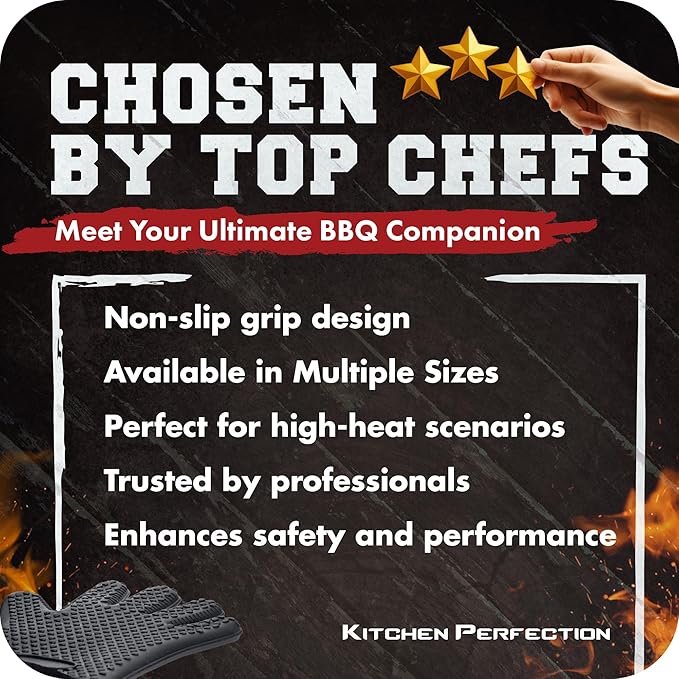 KITCHEN PERFECTION XL Silicone Smoker Oven Gloves-Extreme Heat Resistant BBQ Gloves-Handle Hot Food Right on Your Grill Fryer&Pit|Waterproof Grilling Cooking Baking Mitts|Superior Value Set+3 Bonuses