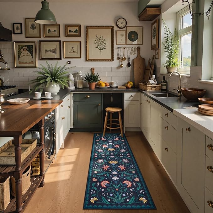 Lahome Boho Floral 2x6 Washable Kitchen Hallway Runner Rug Non Slip, Dark Blue Bathroom Carpet Runner, Soft Non-Skid Runners for Entryway Laundry(Dark Blue,2x6)