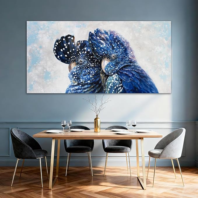 YETHEN WAL Blue Parrot Wall Art, Oversized Blue Bird Canvas Print, Cobalt Textured Animal Artwork for Living Room Bedroom Hallway, 29×58 Inch