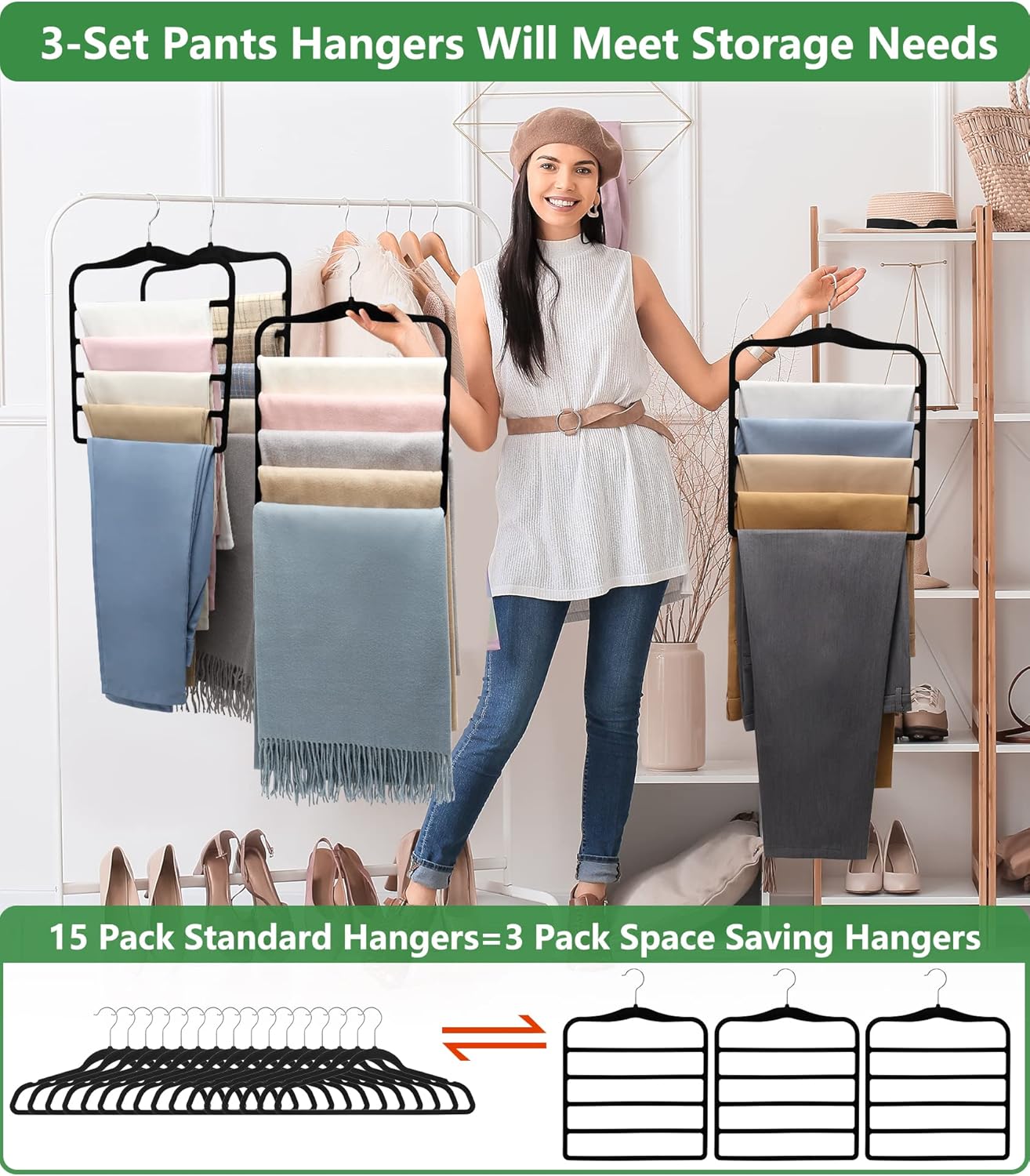 Closet Organizers and Storage,3 Pack Organization and Storage Pants-Hangers-Space-Saving,Velvet Hanger for Dorm Room for College Students Girls Boys Guys Hanging Jean Scarf Dormly