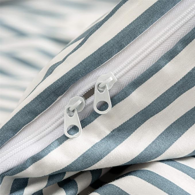 JELLYMONI 100% Natural Cotton 3pcs Striped Duvet Cover Sets,White Duvet Cover with Grayish Blue Stripes Pattern Printed Comforter Cover,with Zipper Closure & Corner Ties(Full Size)