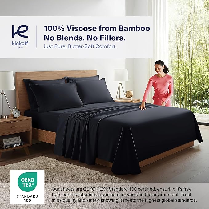 Kickoff Viscose Bamboo Sheets Queen Size 4-pc 100% Organic Bamboo Viscose Bed Cooling Sheets Queen Size Set Cool Bedding for hot Sleepers Sheet, Flat, Fitted, Pillowcases (Black, Q) KickoffHome