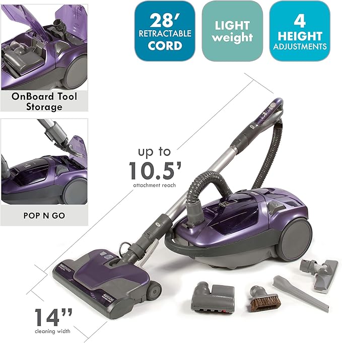 Kenmore 81614 600 Series Pet Friendly Lightweight Bagged Canister Vacuum with Pet PowerMate, Pop-N-Go Brush, 2 Motors, HEPA, Aluminum Telescoping Wand, Retractable Cord, and 3 Cleaning Tools-Purple