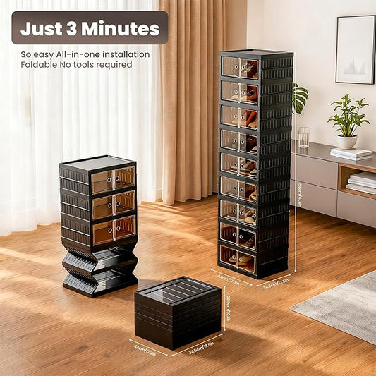 Foldable Shoe Organizer Storage Box Set of 2, Portable Extra Large Folding Shoe Rack for Closet, Shoe Storage Box with Magnetic Transparent Door and Wheels, 9 Layers 18 Grids