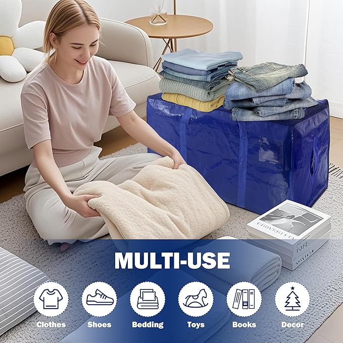 4 Pack Extra Heavy Duty Large Moving Bags with Strong Zipper & Carrying Handles, Sturdy Clothes Storage Bags Totes Bins, Packing Moving Boxes College Supplies, Dark Blue - 24 gal