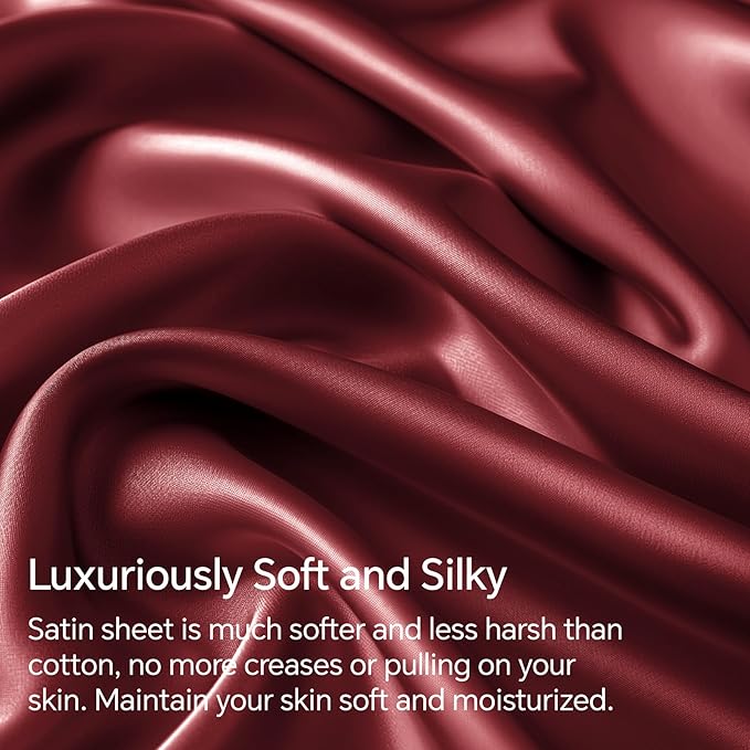 BEDELITE Satin Sheets Queen Size Bed Set, Luxury Soft Burgundy Silky Sheets for Hair and Skin, Similar to Silk Bed Sheets Set 4 Pieces （1 Deep Pocket Fitted Sheet, 1 Flat Sheet, and 2 Pillowcases）