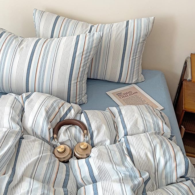VM VOUGEMARKET Striped Duvet Cover Set 100% Washed Cotton Linen Like Textured Breathable Durable Soft Comfy Bedding Set (Blue Stripes, King 104"x90")