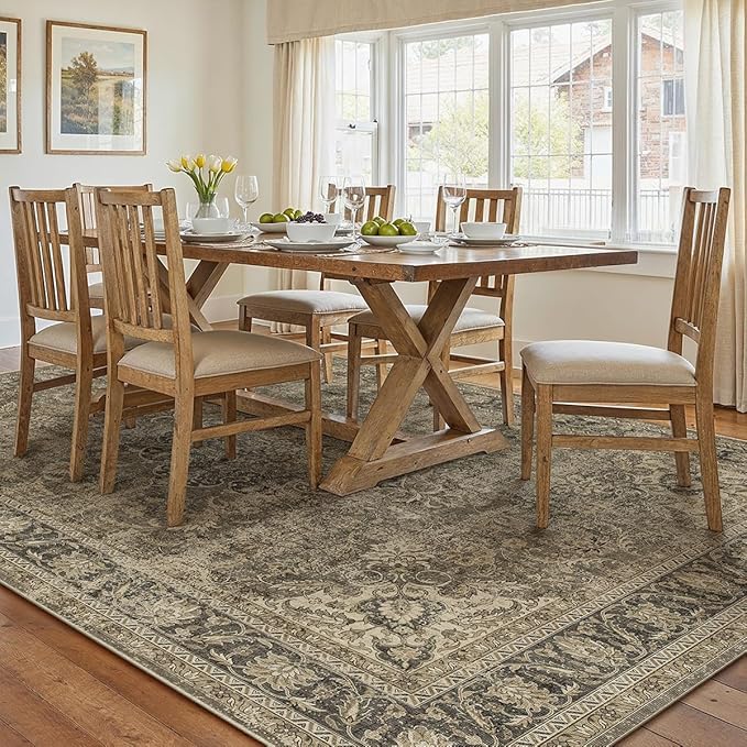 10x12 Brown Area Rug Vintage Living Room Bedroom Washable Carpet Non-Slip Soft Low Pile Distressed Indoor Large Throw Rug for Dining Room Office